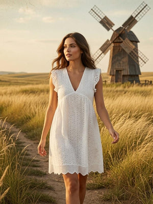 Lace Jacquard Openwork V-neck With Ruffles Solid Color Mini&Short Dresses
