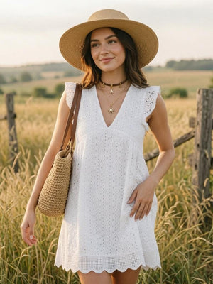 Lace Jacquard Openwork V-neck With Ruffles Solid Color Mini&Short Dresses