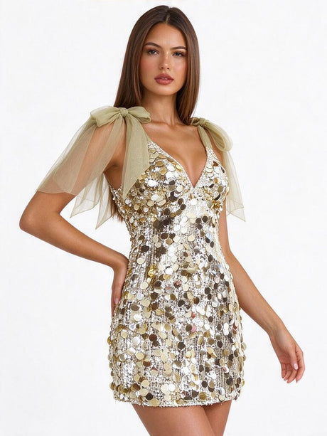 Sexy Halter Top Low-cut Gauze Ribbon Slim Fit Sequins Parties Christmas Party Short Dress