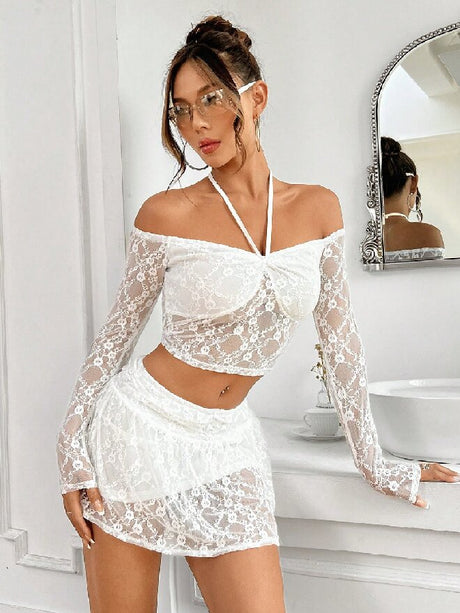 Liber Summer Women's Y2K Hot Girl Lace Lace Halter Collar Long Sleeve Two-piece Set