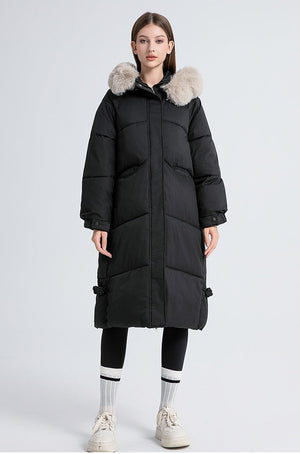 Women's Fur Collar Hooded Down Jacket, Extended Style, Knee-length Thickened Down Jacket，removable Collar