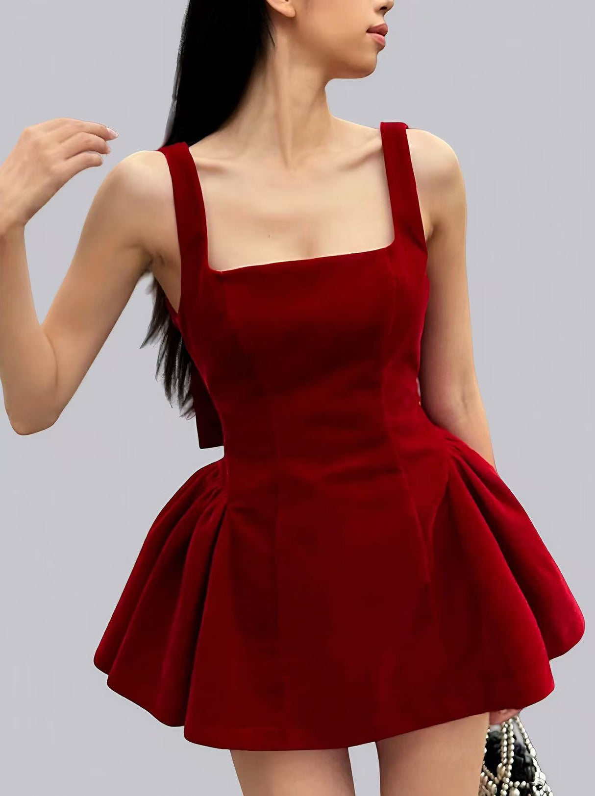 Bow Red Velvet Sexy Backless A-line Skirt Mini&Short Dresses