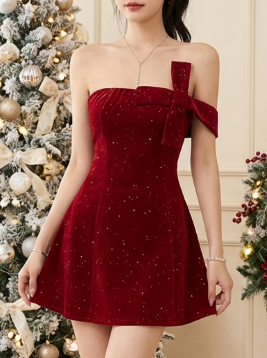 Robes courtes et mini à paillettes de Noël, dos nu, bustier, nœud et fermeture éclair