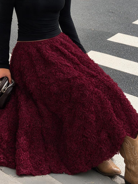 Burgundy 3D Floral Midi Skirt