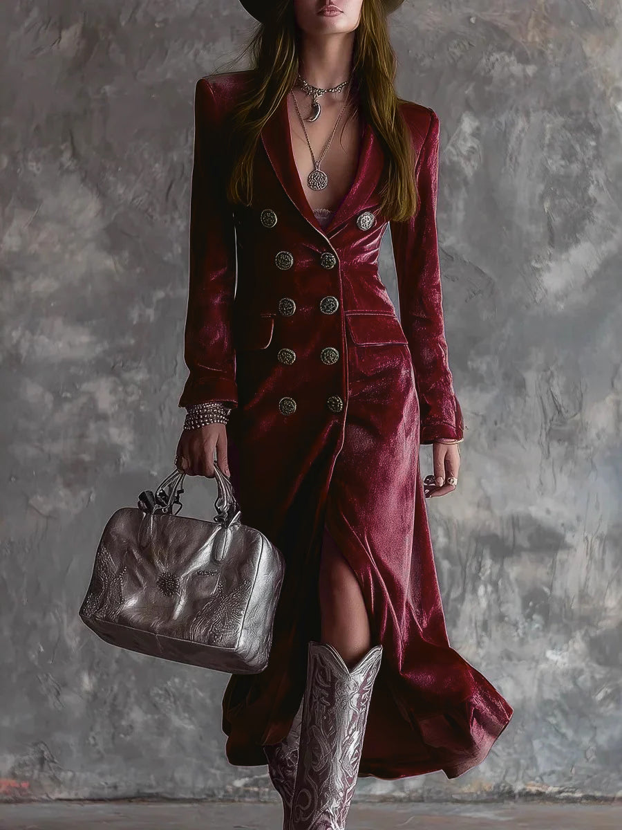 Zweireihige, figurbetonte Maxikleider aus Samt mit Anzugkragen