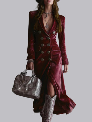 Zweireihige, figurbetonte Maxikleider aus Samt mit Anzugkragen