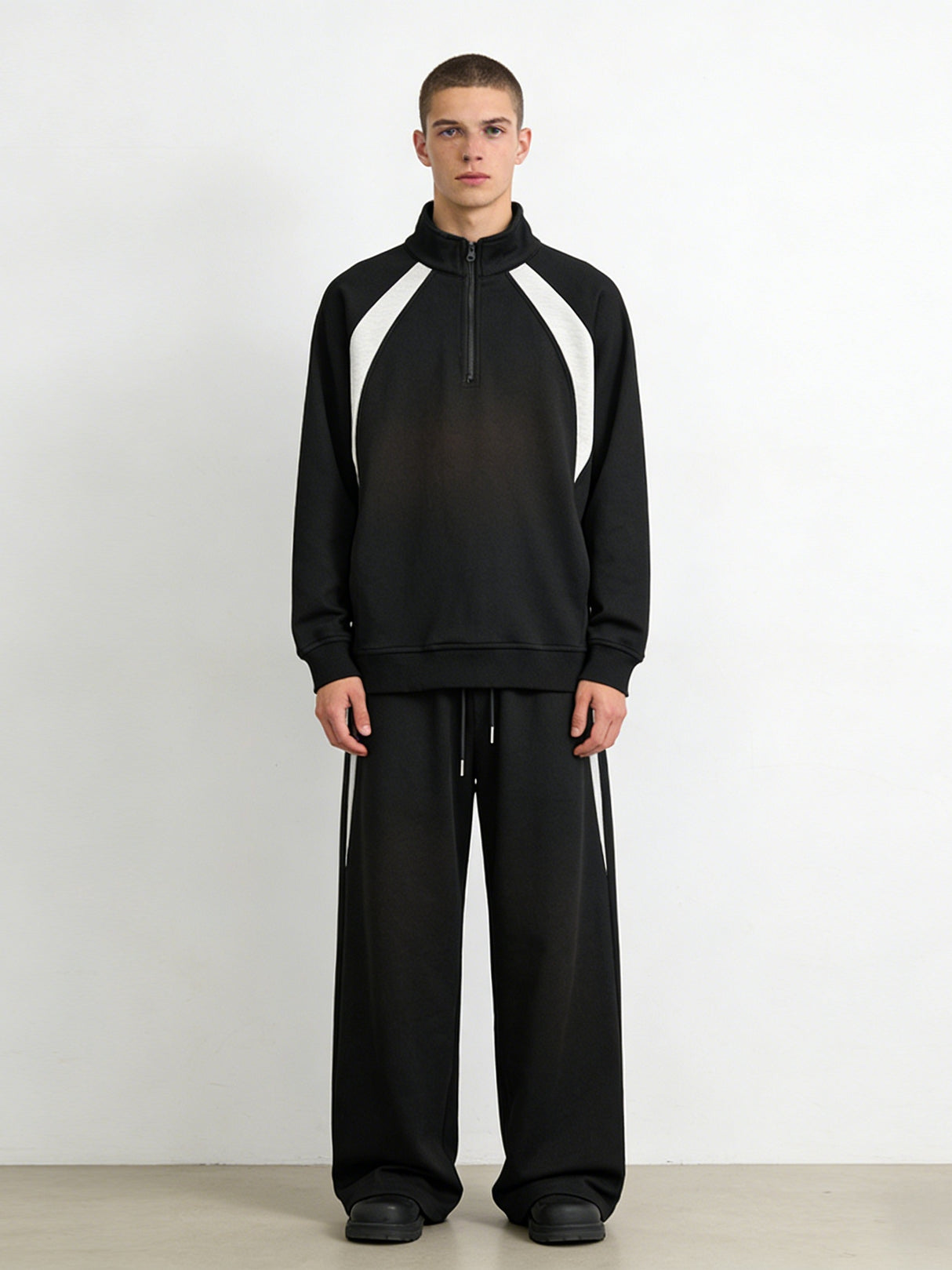 Color-blocked Half Zipper Loose-fit 2-piece Sets