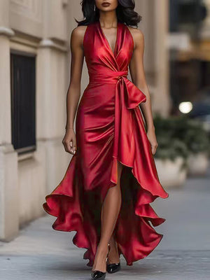 Robes maxi asymétriques à col en V et volants