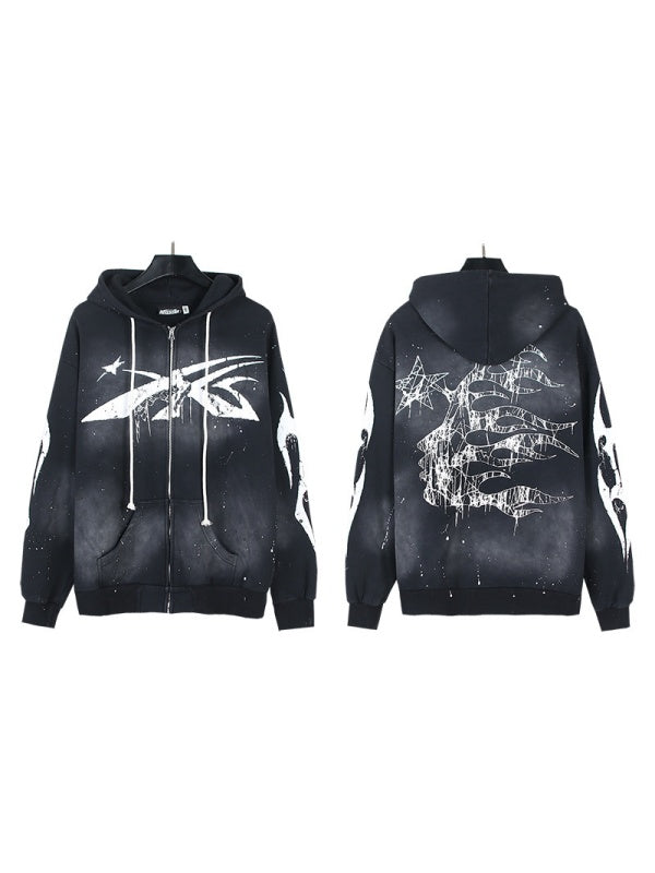 Washing Water Old Printed Zipper Hood Sweatshirt Trousers Set