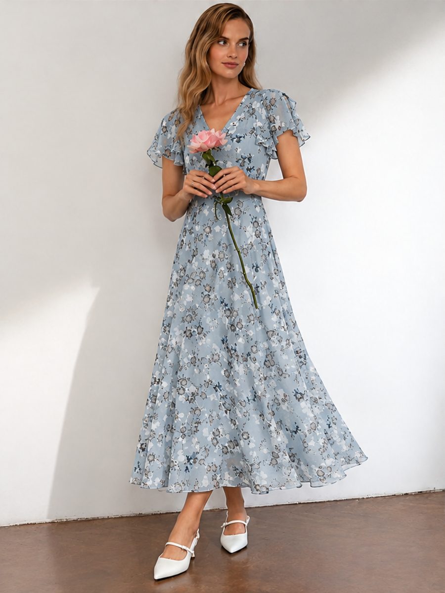 Chiffon Floral Print Short-sleeved Ruffled V-neck Long Dress