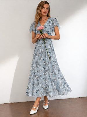 Chiffon Floral Print Short-sleeved Ruffled V-neck Long Dress