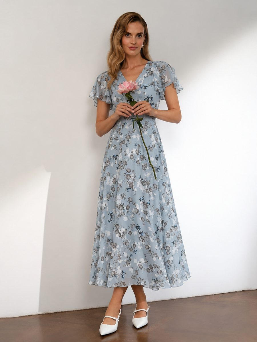 Chiffon Floral Print Short-sleeved Ruffled V-neck Long Dress