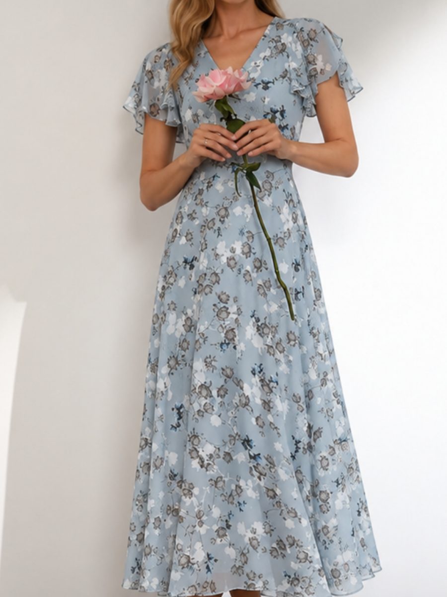 Chiffon Floral Print Short-sleeved Ruffled V-neck Long Dress