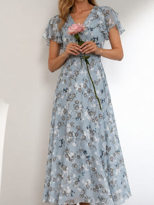 Chiffon Floral Print Short-sleeved Ruffled V-neck Long Dress
