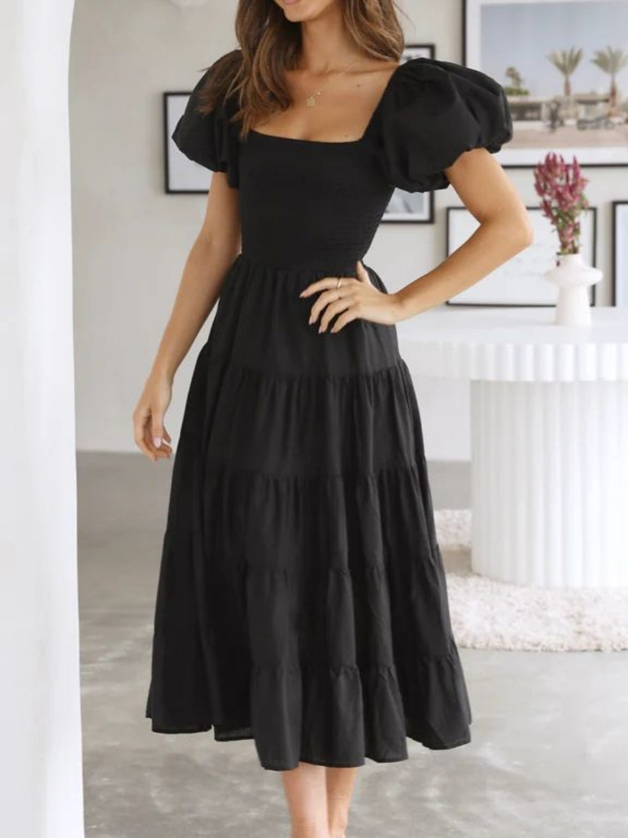 Off-the-shoulder Geometric Color-blocked Print Tulle Skirt With Puff Sleeves Long Dress