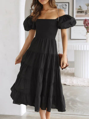 Off-the-shoulder Geometric Color-blocked Print Tulle Skirt With Puff Sleeves Long Dress