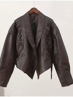 Lapel Lace Up Long Sleeve Leather Jacket