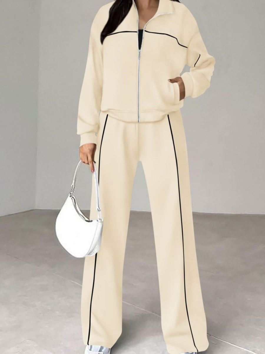 Sports Casual Suit Zipper Contrasting Colors Hoodless Cardigan Wide-leg Pants 2-piece Sets