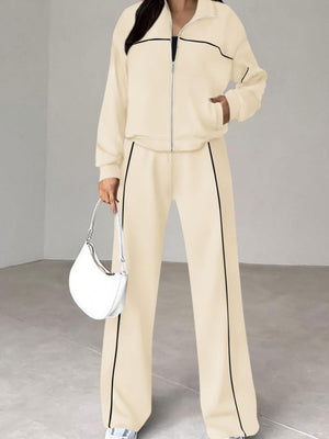 Sports Casual Suit Zipper Contrasting Colors Hoodless Cardigan Wide-leg Pants 2-piece Sets