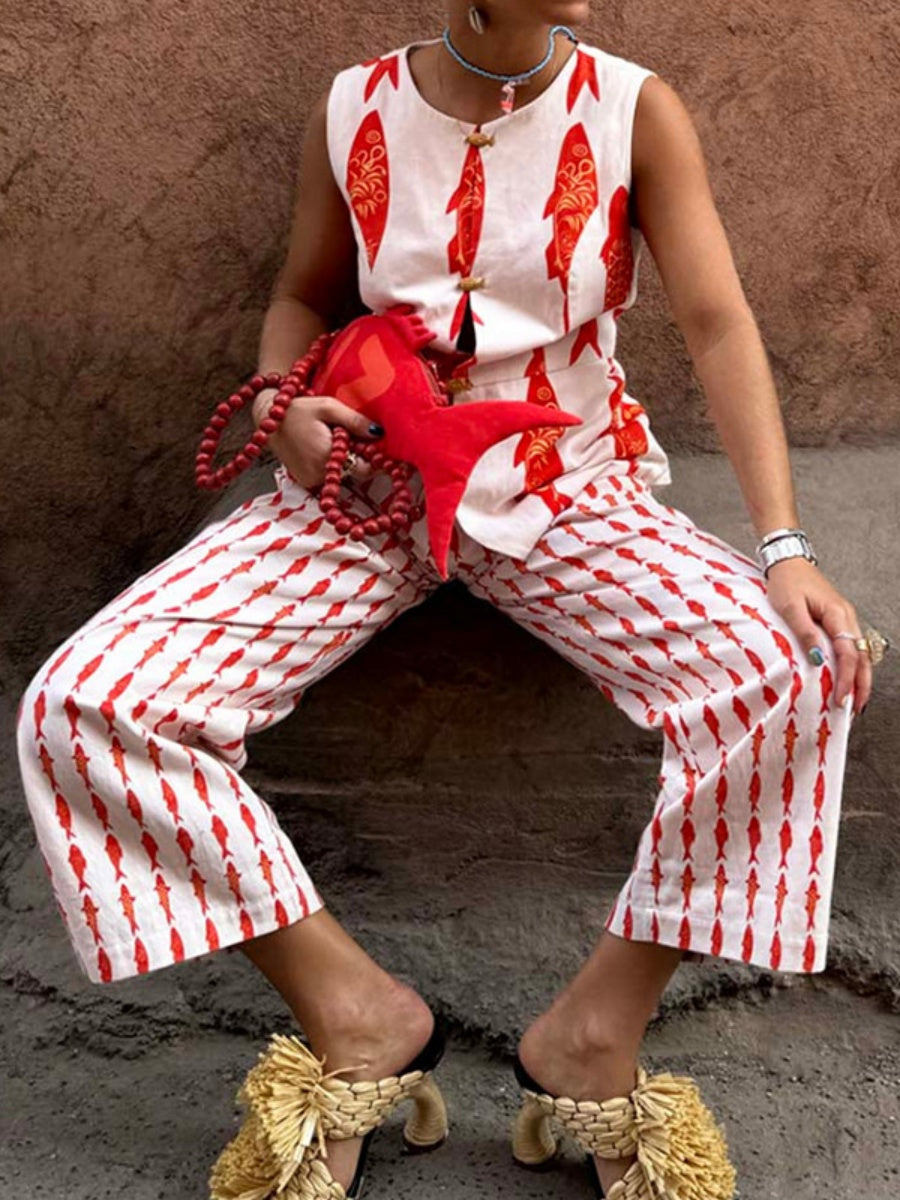 Buttons Fish-print Vest And Trousers Two-piece Set