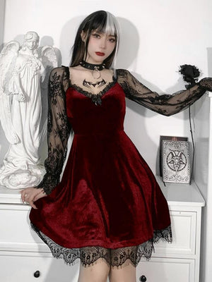 Halloween Lace Velvet Long Sleeve Midi Dresses