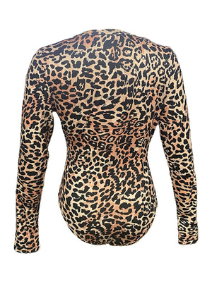 Leopard Print Sexy Tights Linked Fingers Long Sleeve Zipper Jumpsuit