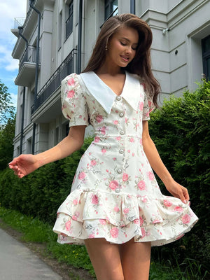 Waist Printed Floral Lapel Puff Sleeve Sweet Mini&Short Dresses