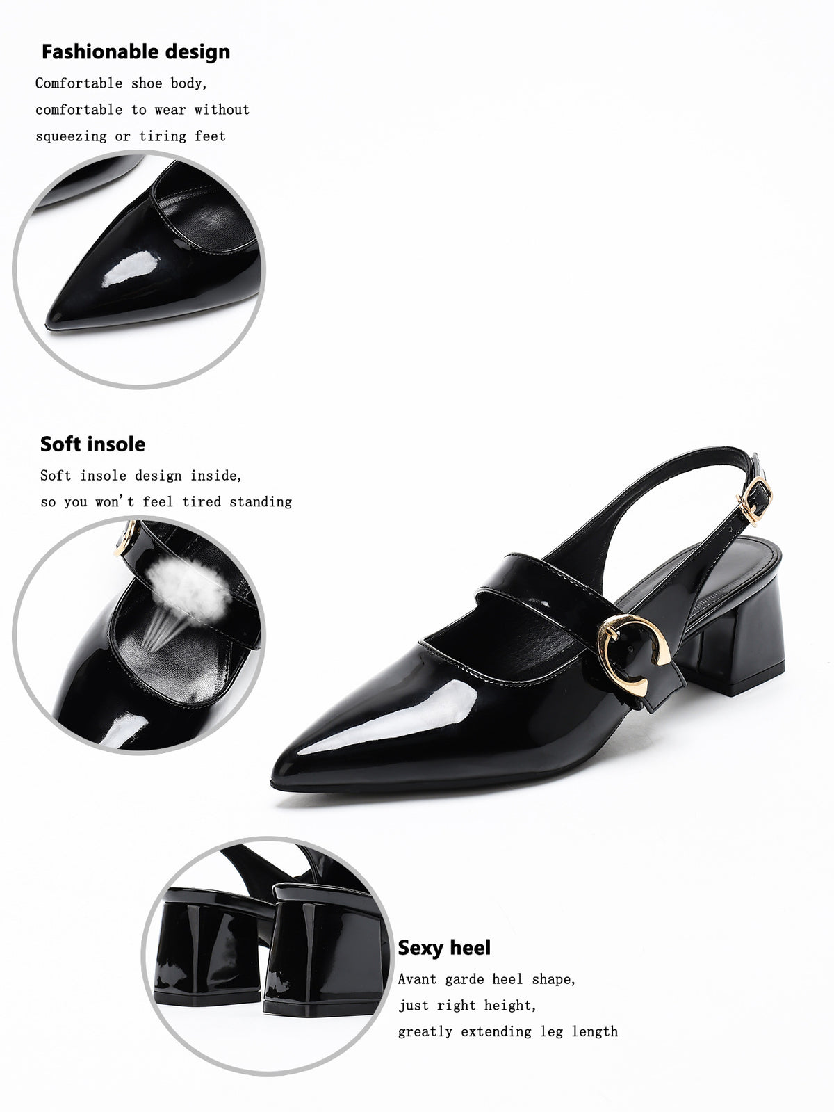 Metal Buckle Pointed Toe Open Back Chunky Heel Mary Jane Shoes