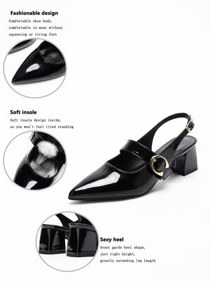 Metal Buckle Pointed Toe Open Back Chunky Heel Mary Jane Shoes