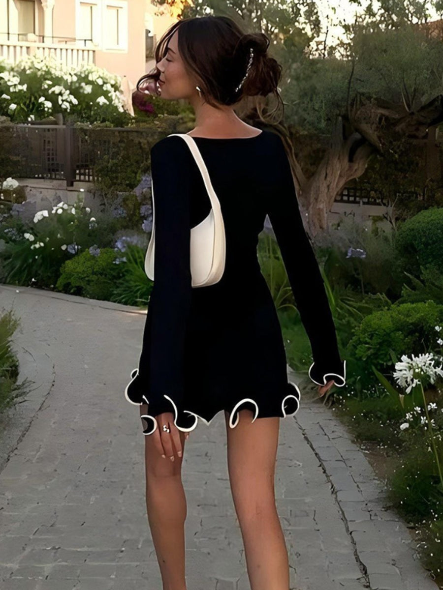 Elegant Solid Color Round Neck Long Sleeve Slim Fit Ruffle Dress
