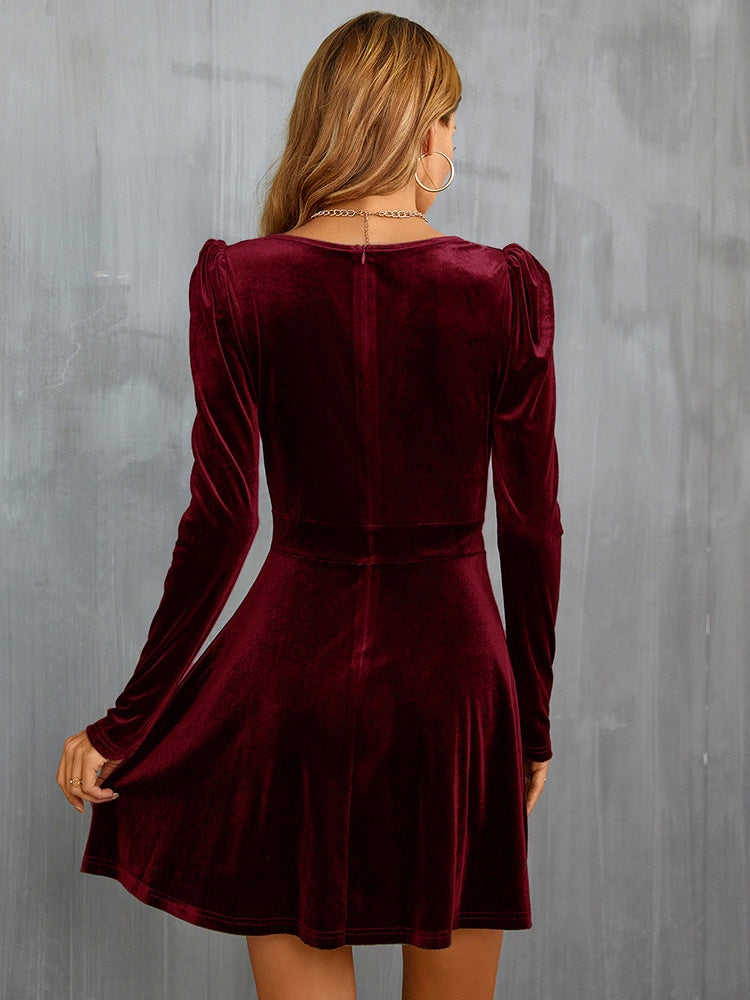 V-neck, Leg-of-mutton Sleeves, Fitted Waist, A-line Silhouette, Long Sleeves, Velvet Short Dress