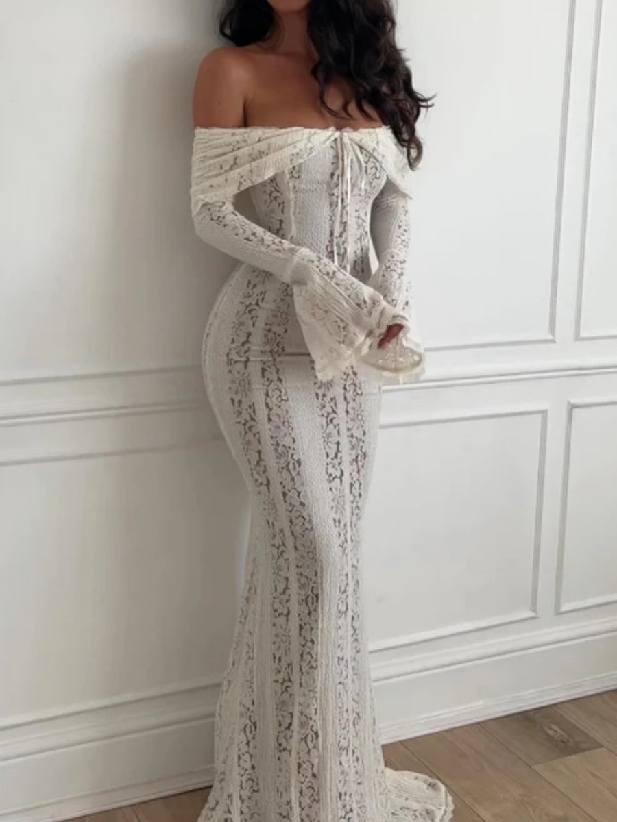 【EXPÉDITION NORMALE】Robes maxi moulantes en dentelle ajourée, épaules dénudées et manches évasées