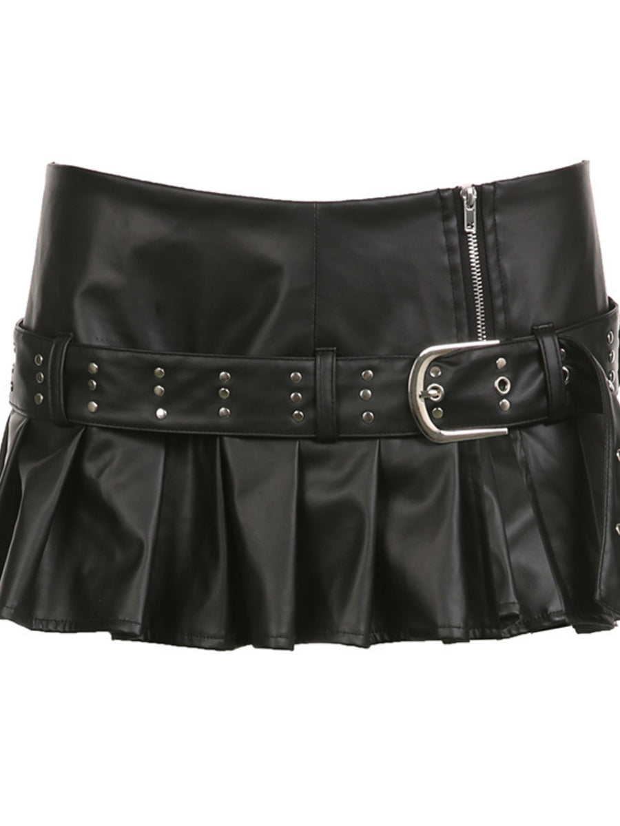 PU Leather Riveted And Stitched Belt With Slits And Pleats Skirts