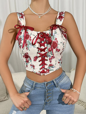 Sweet Floral Bow Lace Up Camisoles