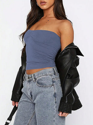 Navel-length Solid Color Strapless Top