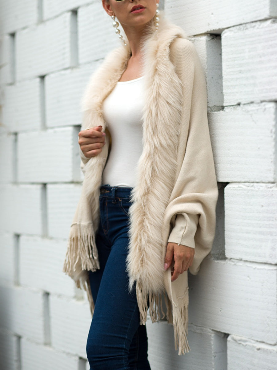 Apricot Tassel Fur Collar Solid Color Shawl Cardigans