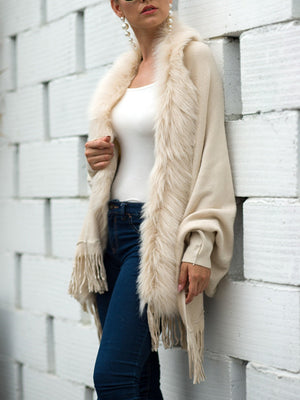 Apricot Tassel Fur Collar Solid Color Shawl Cardigans