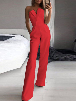 Asymmetrical Mid-waisted Elegant V-neck Strapless Jumpsuit