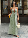 Stripes Color-blocked Splicing V-neck Hollow Maxi Dresses