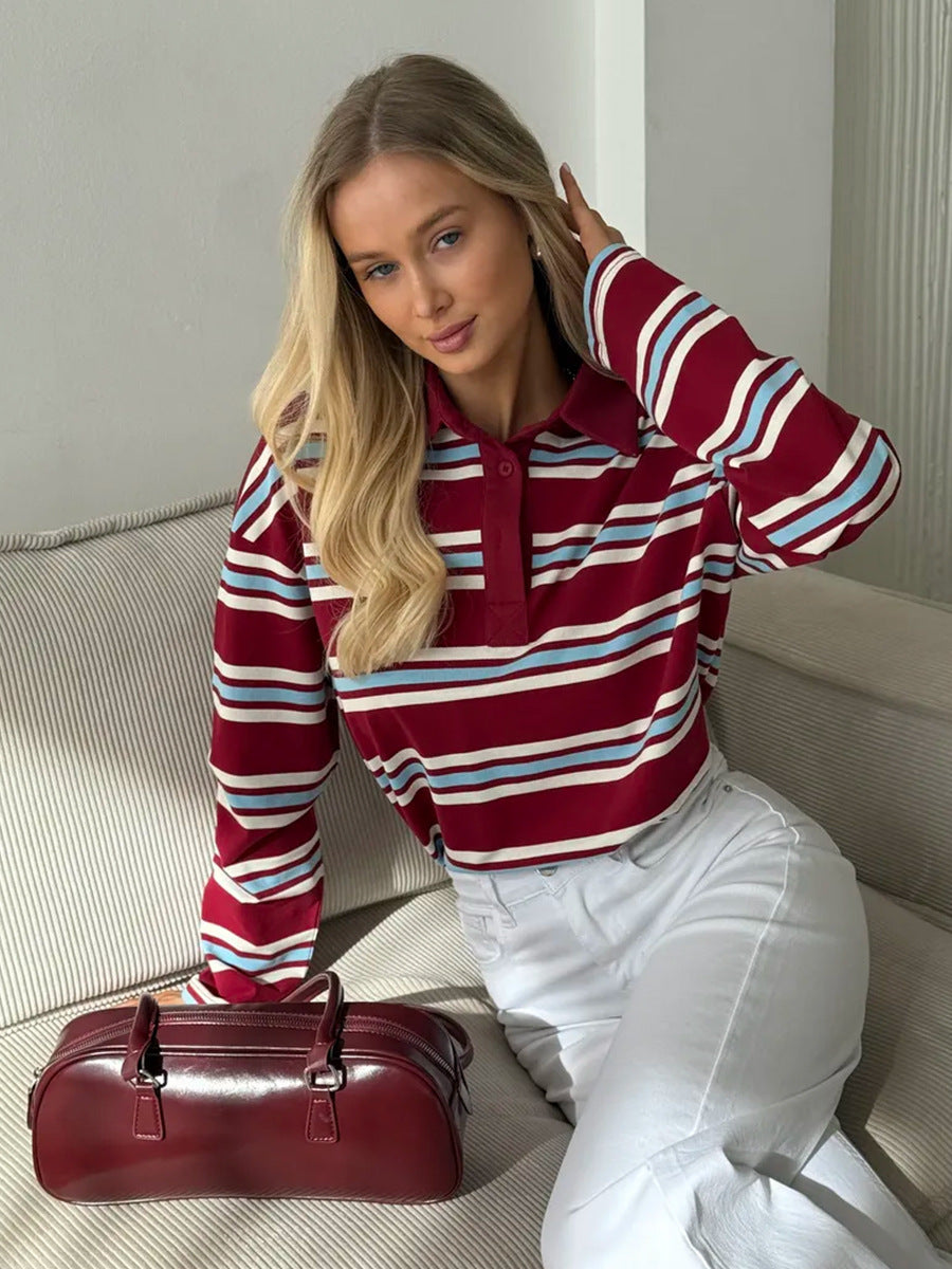 Long-sleeved Striped T-shirt, Polo Collar, Loose-fitting T-shirt