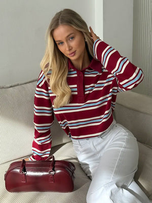 Long-sleeved Striped T-shirt, Polo Collar, Loose-fitting T-shirt