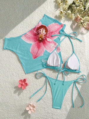 Finalized Floral Print Tie-up Bikini Three-piece Set