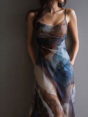 Printed Gradient Hip-hugging Mesh Camisoles Maxi Dresses