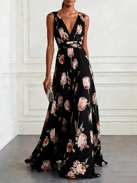 Floral Printed Parties V-neck Sleeveless Maxi Dresses