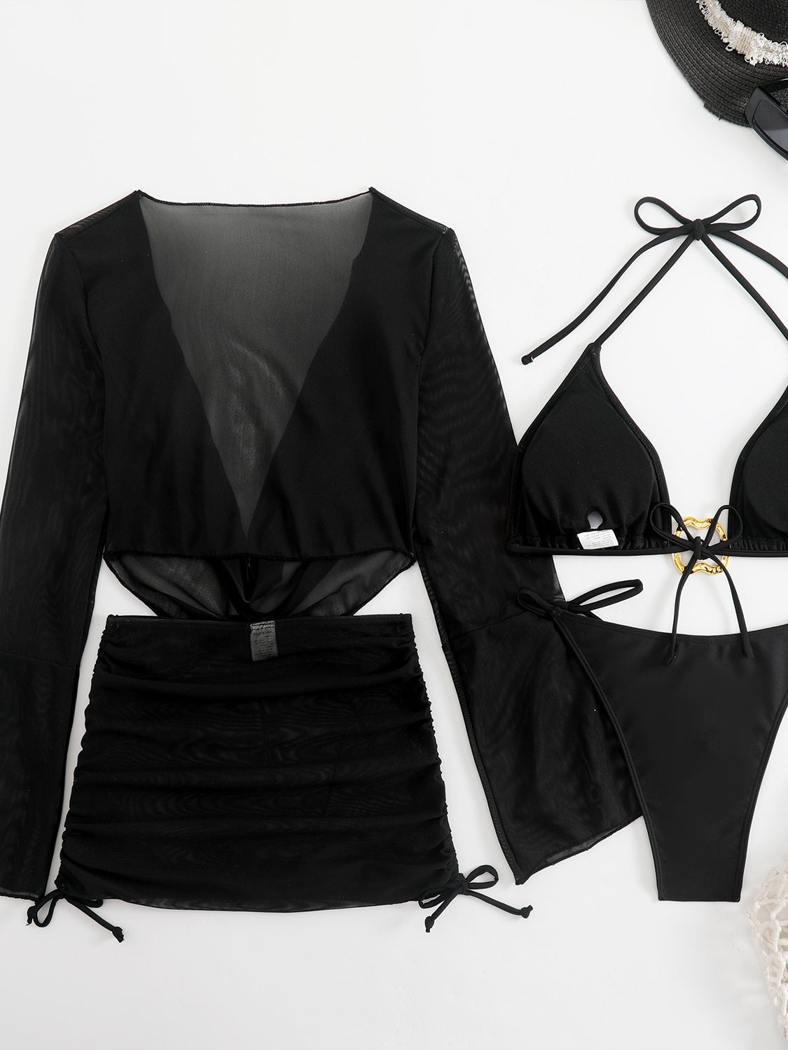 Metallic Accessories Solid Color Lace-up Mesh Cover-up Bikini Four-Piece Set