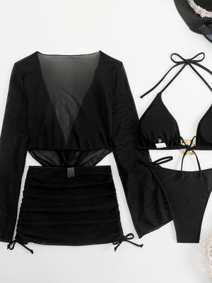 Metallic Accessories Solid Color Lace-up Mesh Cover-up Bikini Four-Piece Set