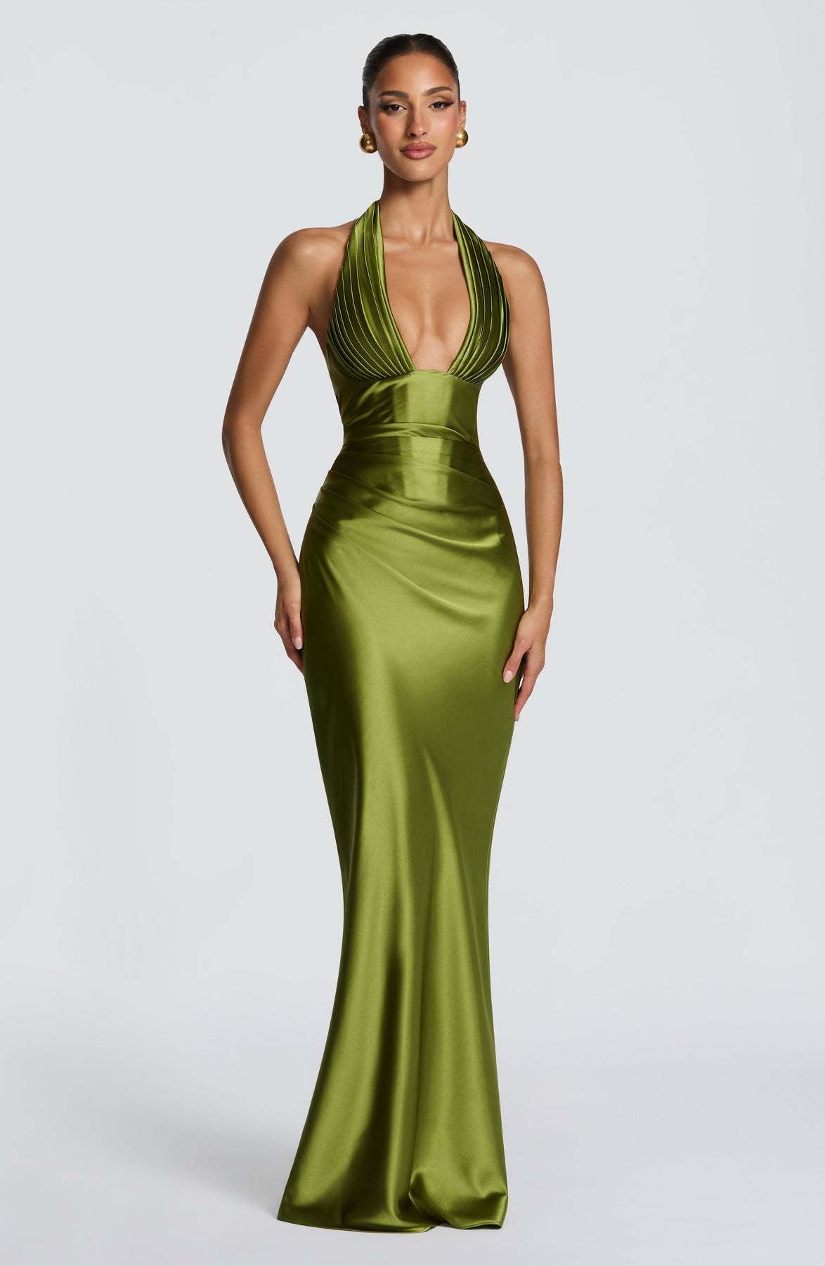 Halter Neck Deep V Long Dress With Pleats And Laces, Sexy Off-shoulder Design Maxi Dresses