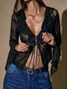Long-sleeved Lace-up Romantic Tie-up Ruffle Layered Solid Color Chiffon Blouse