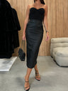 Back Slit In Bodysuit Tight Fit Hip-hugging High Waist PU Leather Midi Skirt
