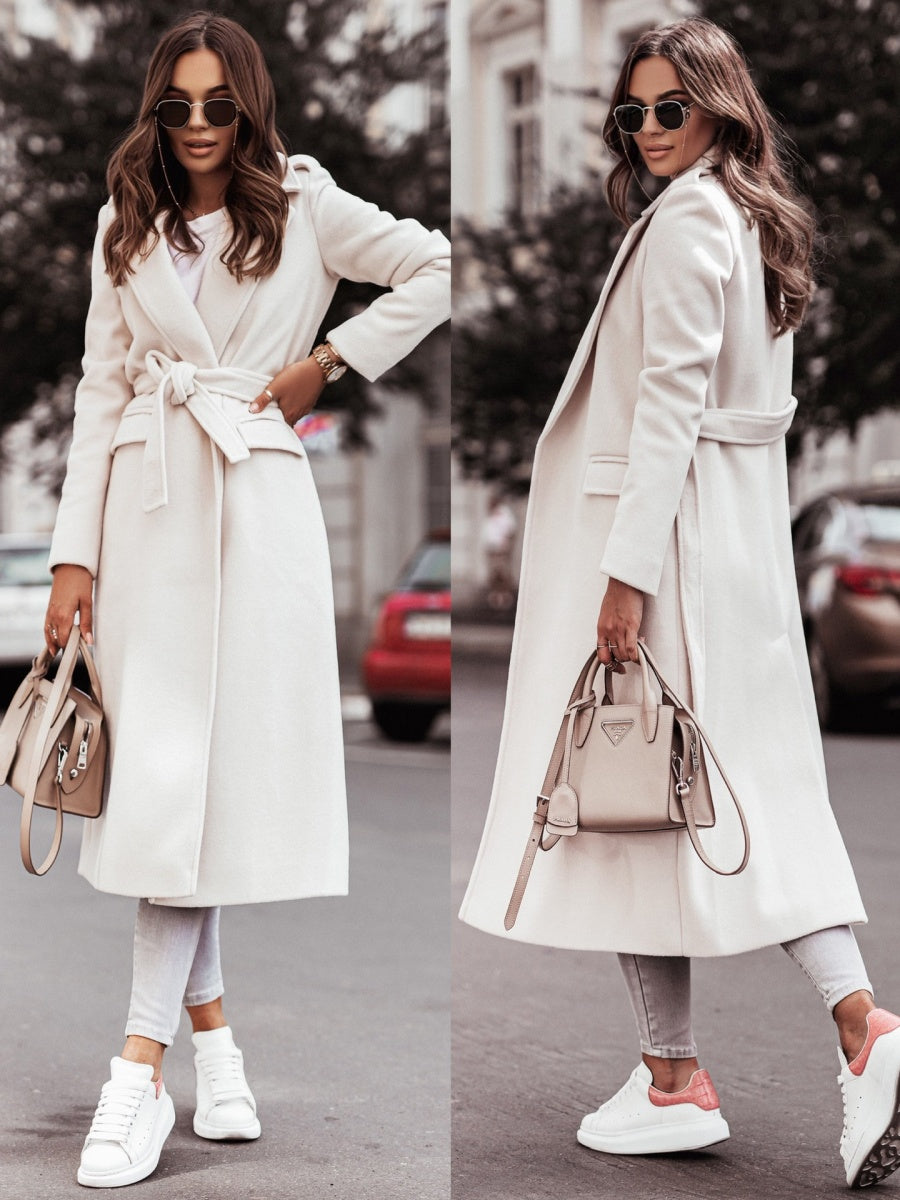 Simple Long-sleeved V-neck Tie Woolen Solid Color Coats